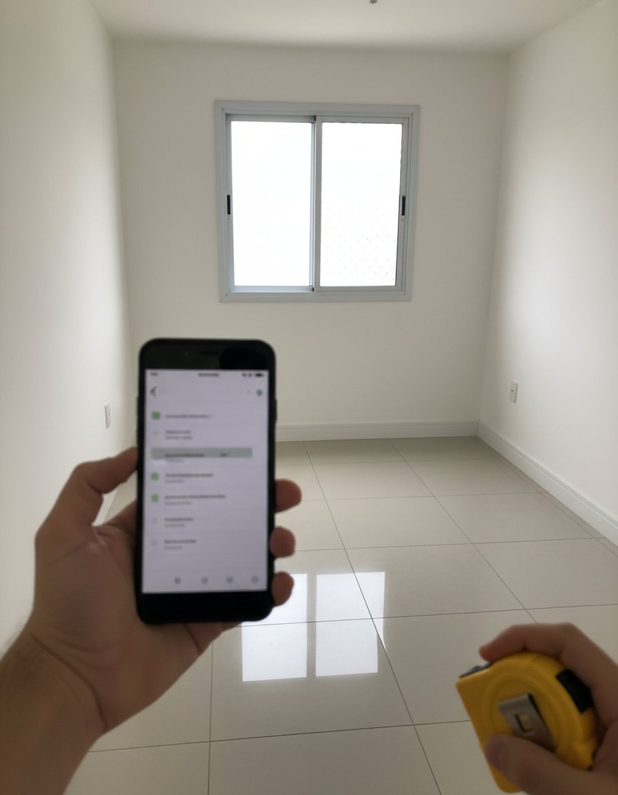 Checklist da vistoria sendo preenchido no celular, cômodo por cômodo