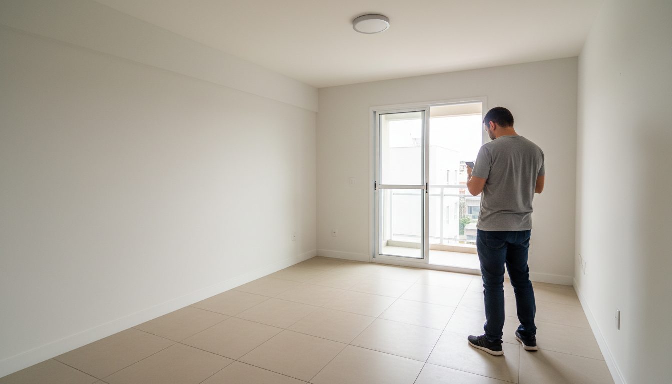 Vistoriador de costas registrando um cômodo vazio com o celular