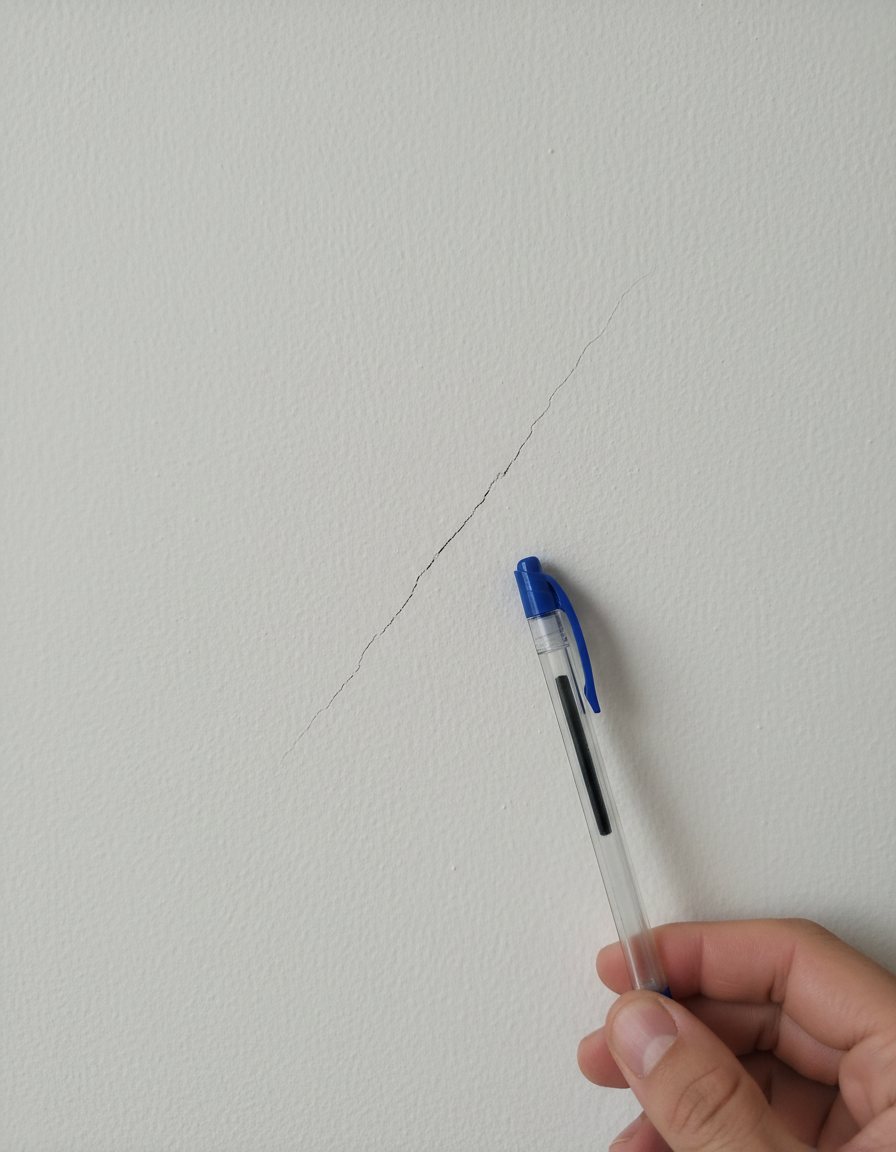 Fissura na parede registrada com uma caneta como escala