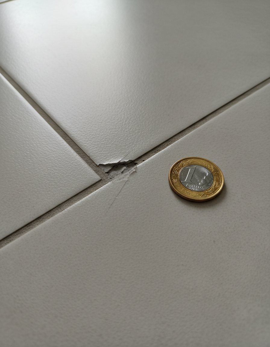 Lasca no porcelanato registrada com uma moeda de R$ 1 como escala