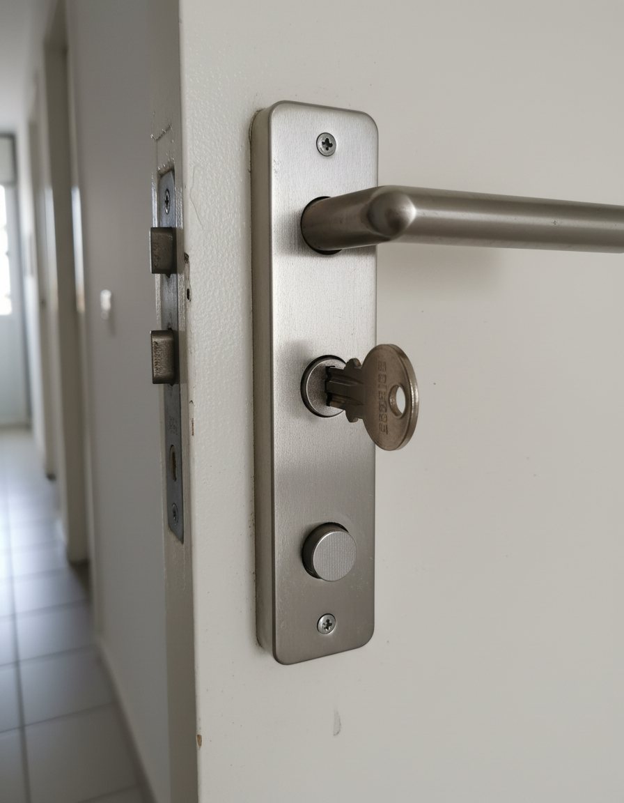 Chave na fechadura de uma porta, testando o funcionamento